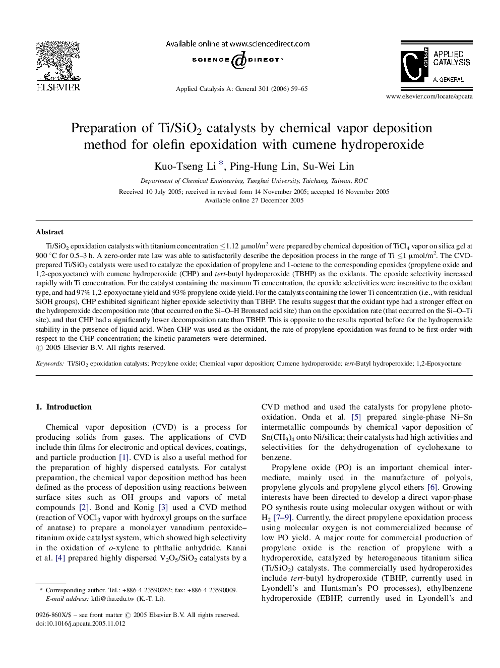 Preparation of Ti/SiO2 catalysts by chemical vapor deposition method for olefin epoxidation with cumene hydroperoxide