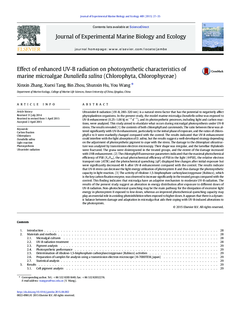 Effect of enhanced UV-B radiation on photosynthetic characteristics of marine microalgae Dunaliella salina (Chlorophyta, Chlorophyceae)
