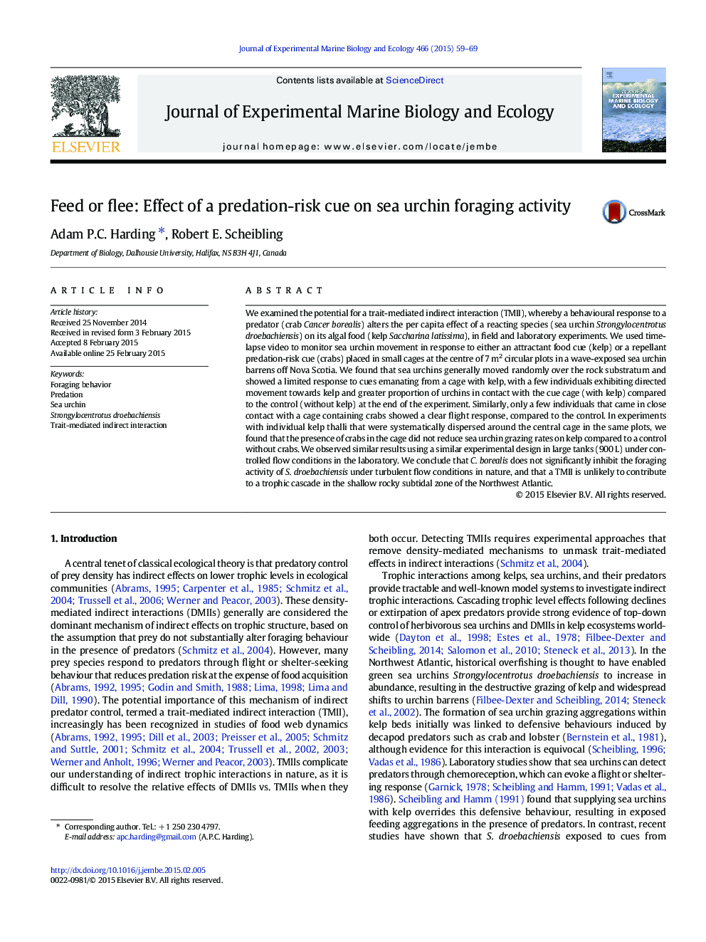 Feed or flee: Effect of a predation-risk cue on sea urchin foraging activity