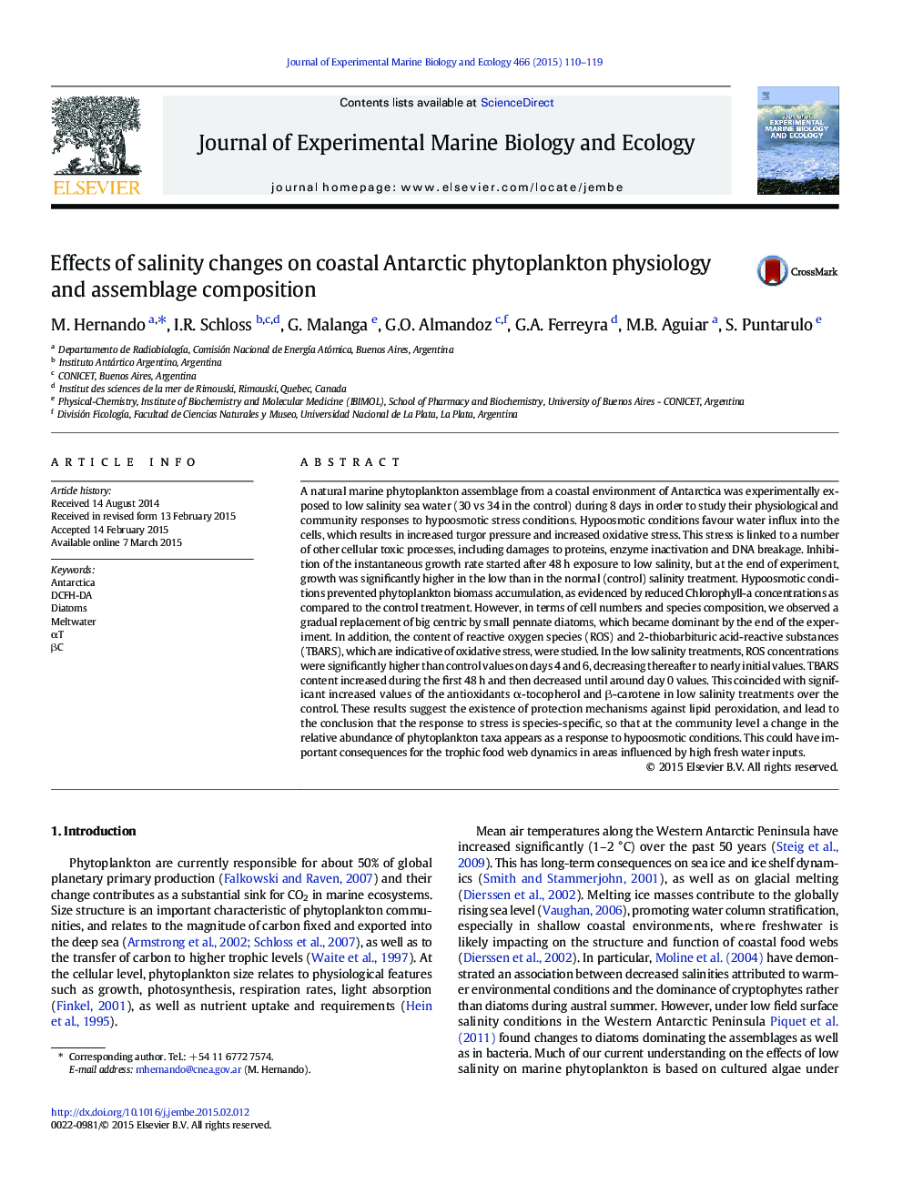 اثرات تغییرات شوری در فیزیولوژی فیتوپلانکتون قطب جنوب و ترکیب مونتاژ 