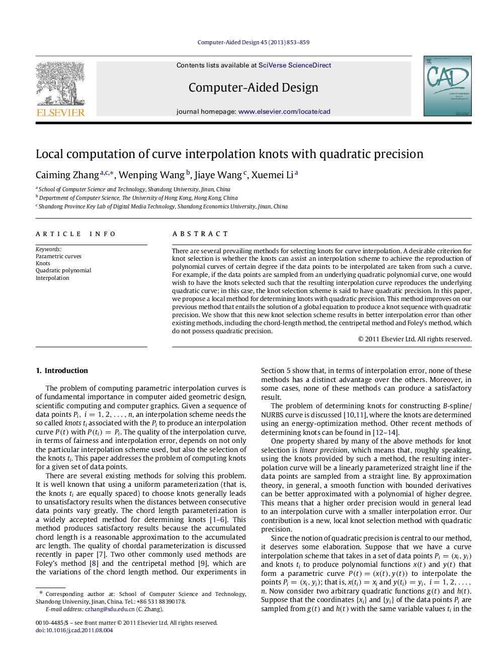 Local computation of curve interpolation knots with quadratic precision