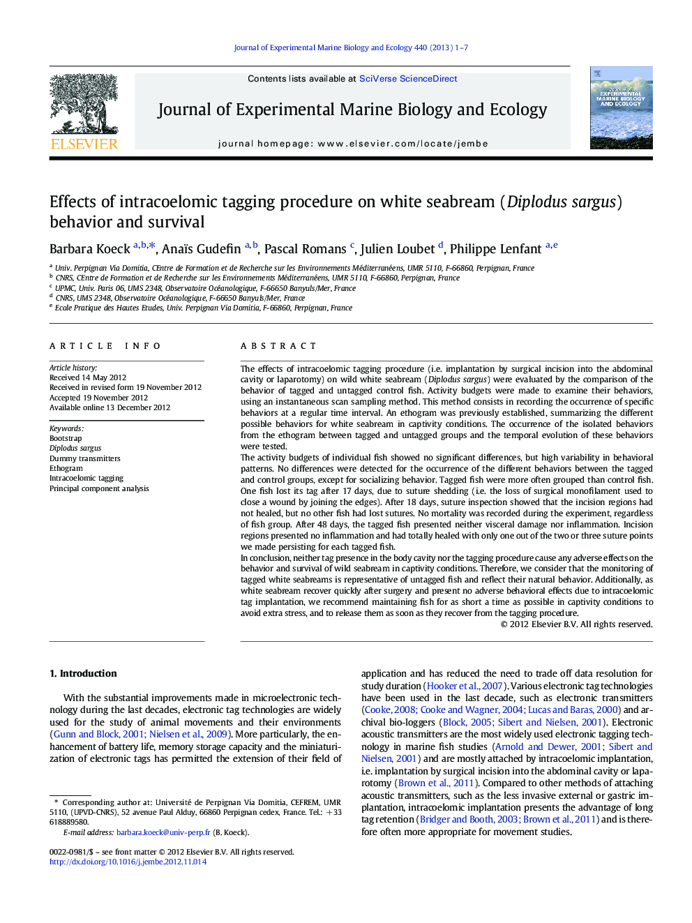 Effects of intracoelomic tagging procedure on white seabream (Diplodus sargus) behavior and survival