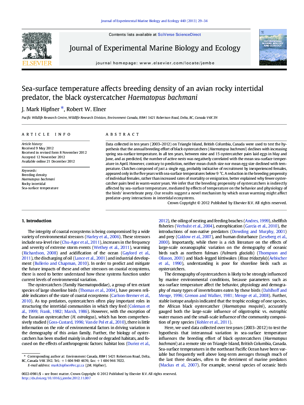 Sea-surface temperature affects breeding density of an avian rocky intertidal predator, the black oystercatcher Haematopus bachmani