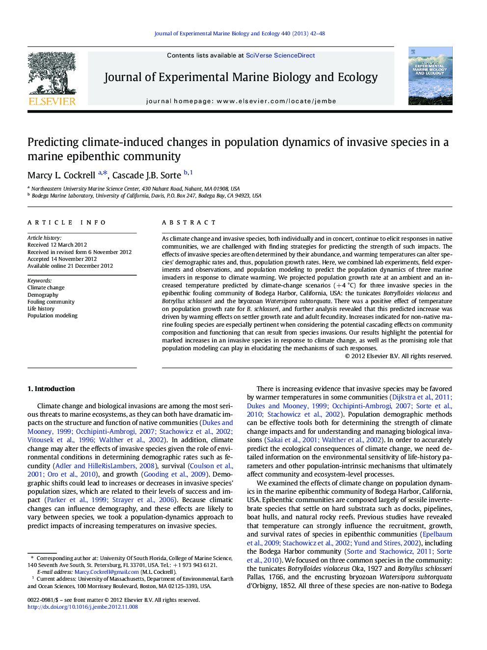 Predicting climate-induced changes in population dynamics of invasive species in a marine epibenthic community