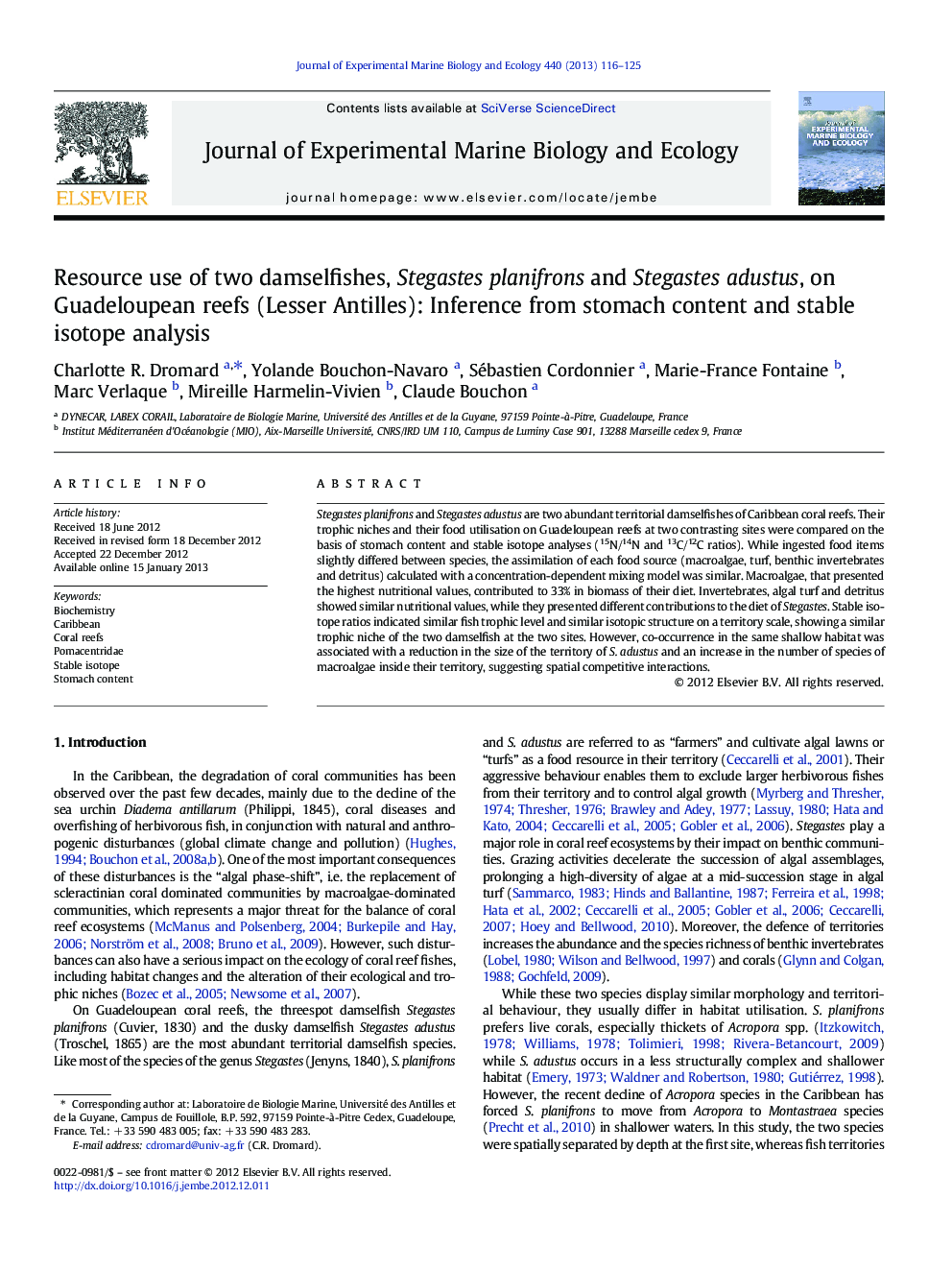 Resource use of two damselfishes, Stegastes planifrons and Stegastes adustus, on Guadeloupean reefs (Lesser Antilles): Inference from stomach content and stable isotope analysis