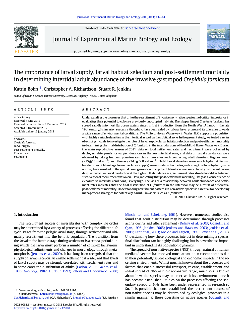 The importance of larval supply, larval habitat selection and post-settlement mortality in determining intertidal adult abundance of the invasive gastropod Crepidula fornicata