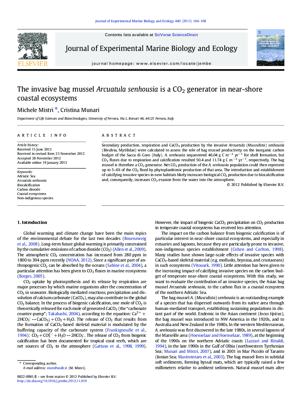 The invasive bag mussel Arcuatula senhousia is a CO2 generator in near-shore coastal ecosystems