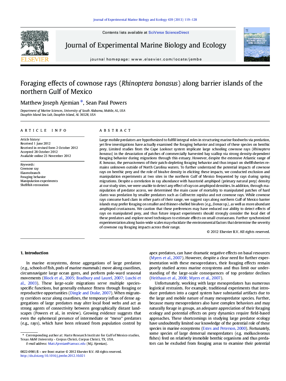 Foraging effects of cownose rays (Rhinoptera bonasus) along barrier islands of the northern Gulf of Mexico