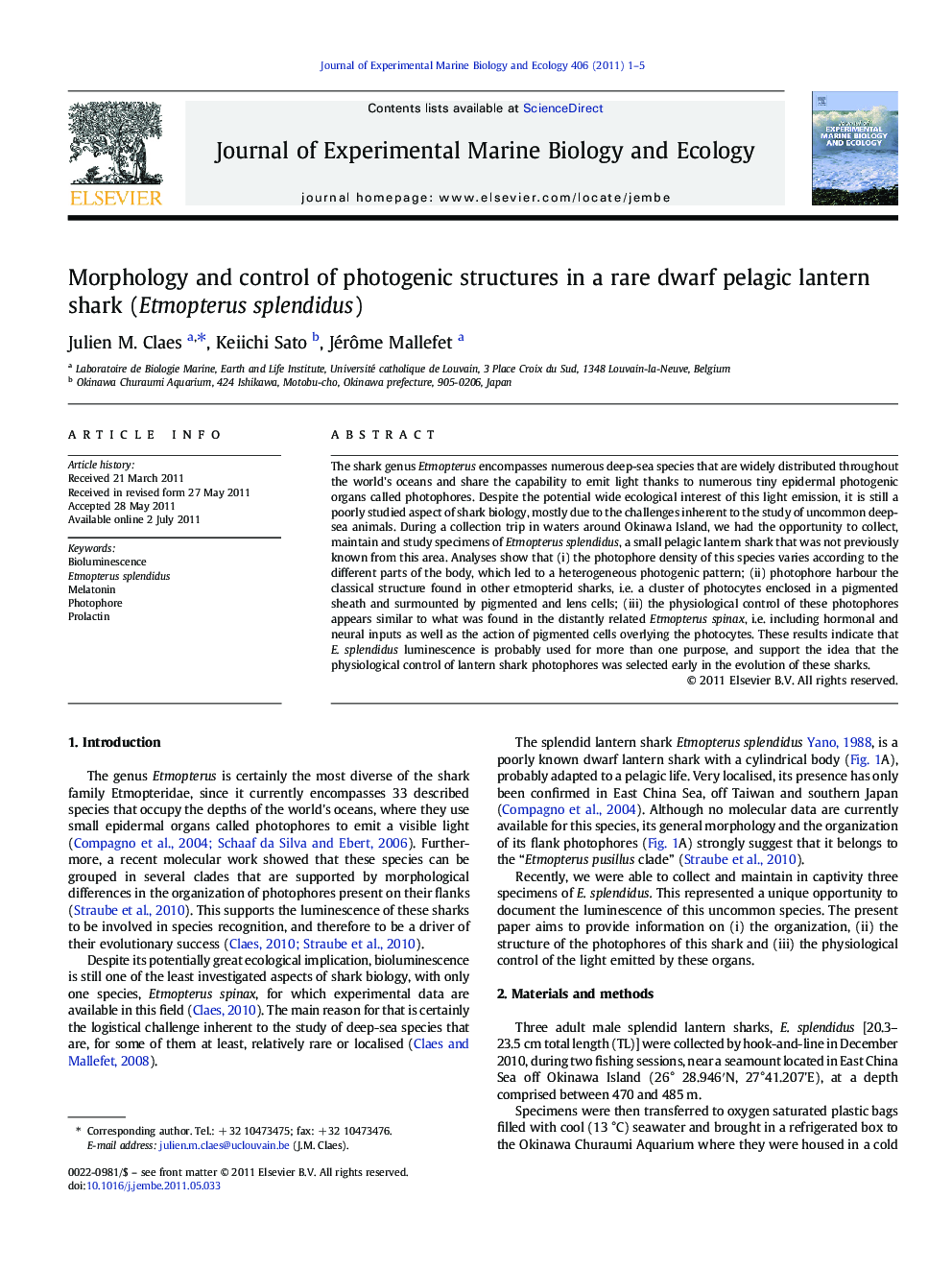 Morphology and control of photogenic structures in a rare dwarf pelagic lantern shark (Etmopterus splendidus)