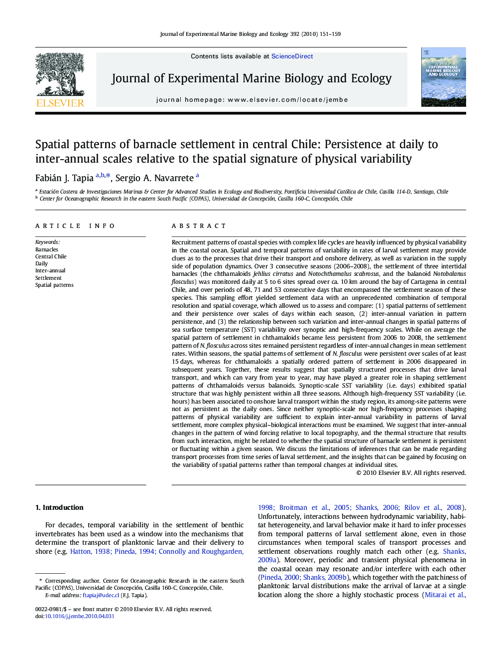 Spatial patterns of barnacle settlement in central Chile: Persistence at daily to inter-annual scales relative to the spatial signature of physical variability