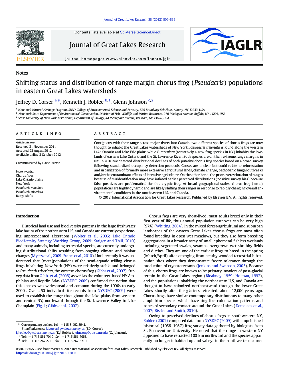 Shifting status and distribution of range margin chorus frog (Pseudacris) populations in eastern Great Lakes watersheds