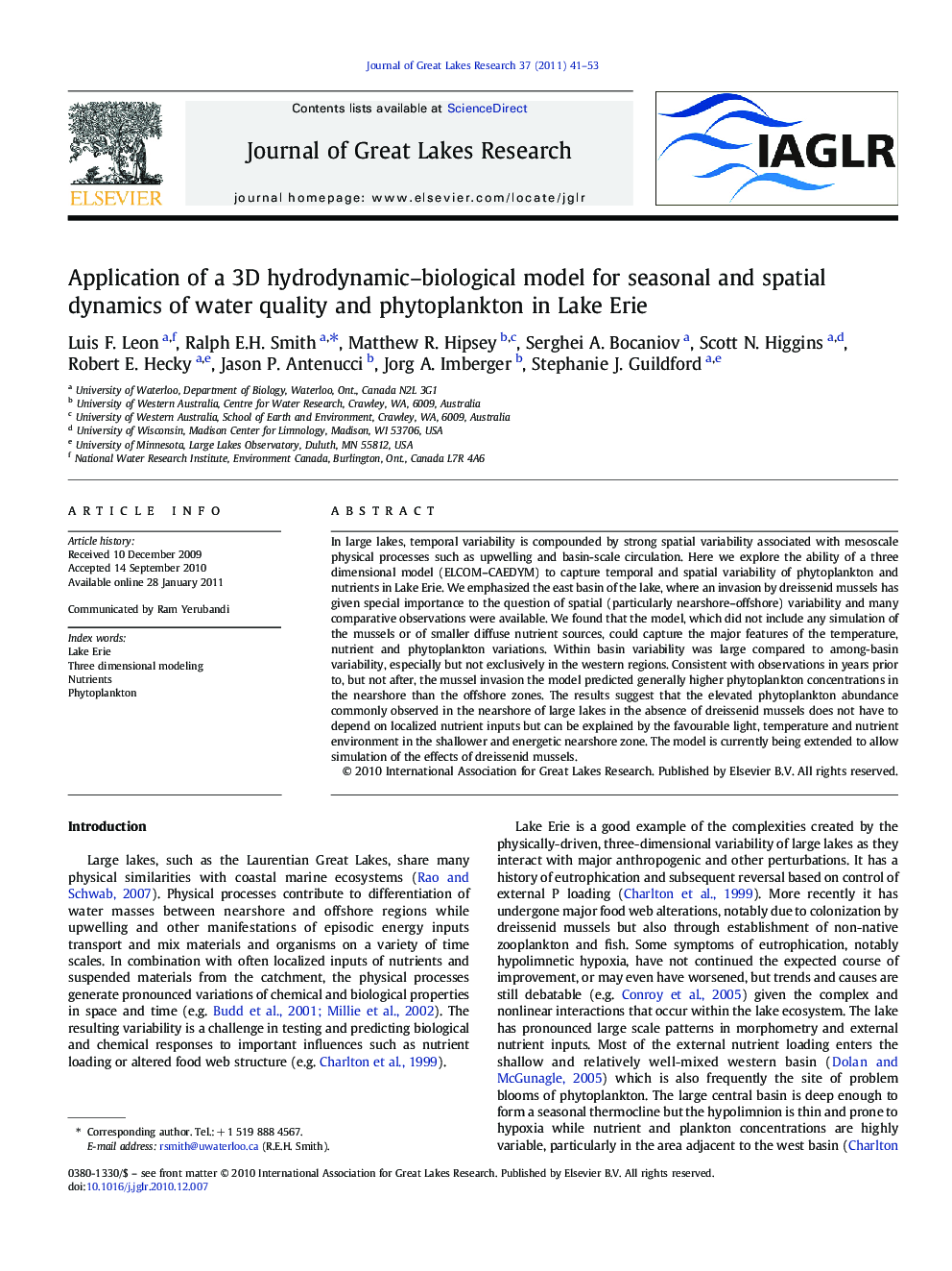 Application of a 3D hydrodynamic–biological model for seasonal and spatial dynamics of water quality and phytoplankton in Lake Erie