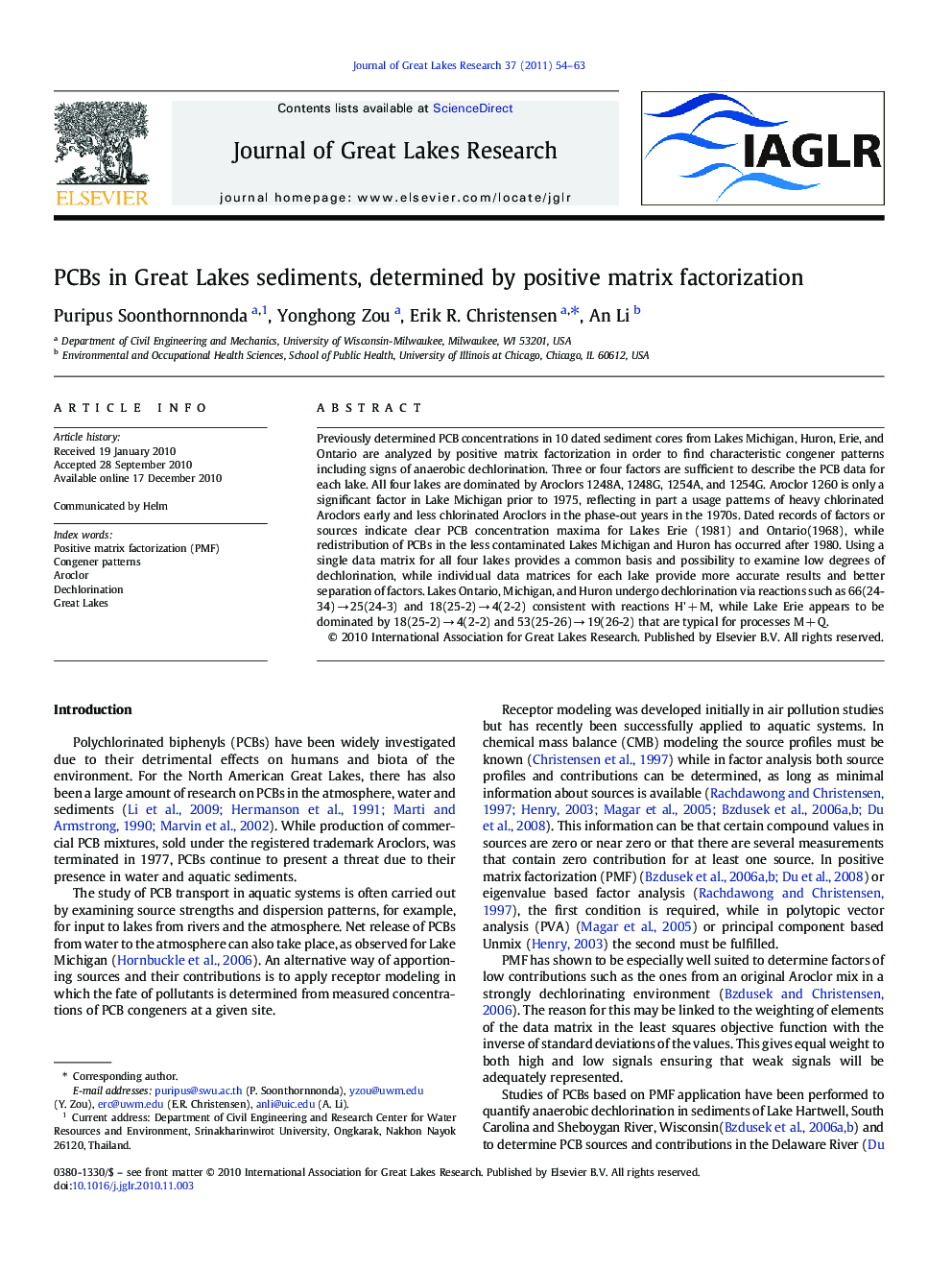 PCBs in Great Lakes sediments, determined by positive matrix factorization