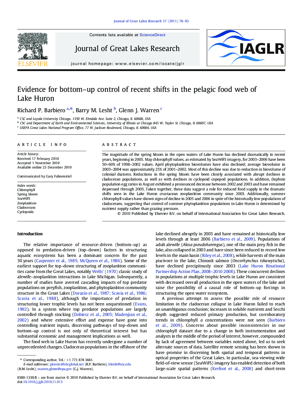 Evidence for bottom-up control of recent shifts in the pelagic food web of Lake Huron