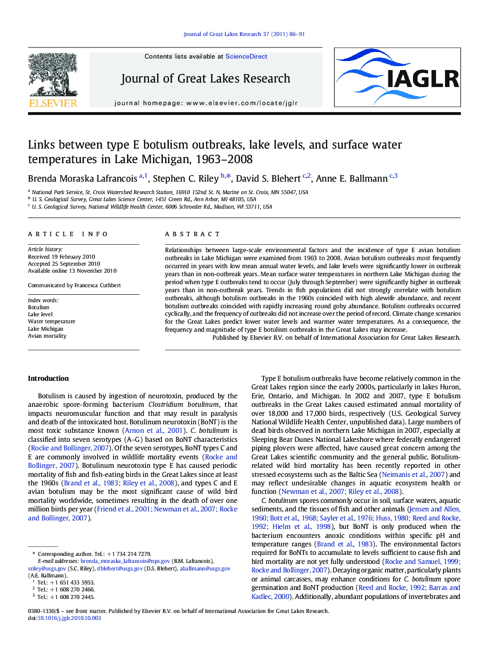 Links between type E botulism outbreaks, lake levels, and surface water temperatures in Lake Michigan, 1963-2008