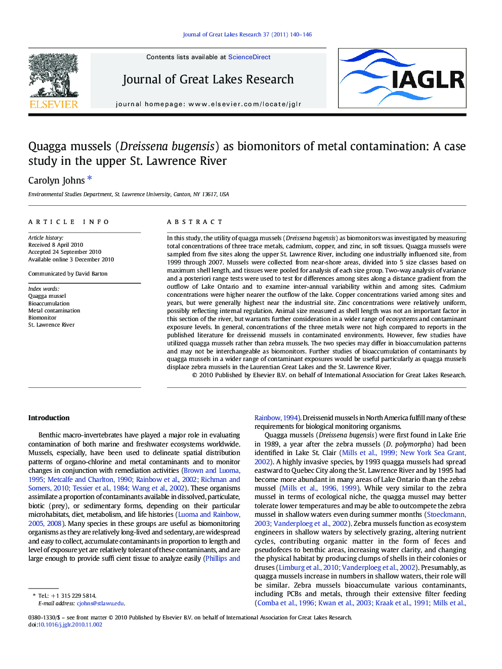 Quagga mussels (Dreissena bugensis) as biomonitors of metal contamination: A case study in the upper St. Lawrence River