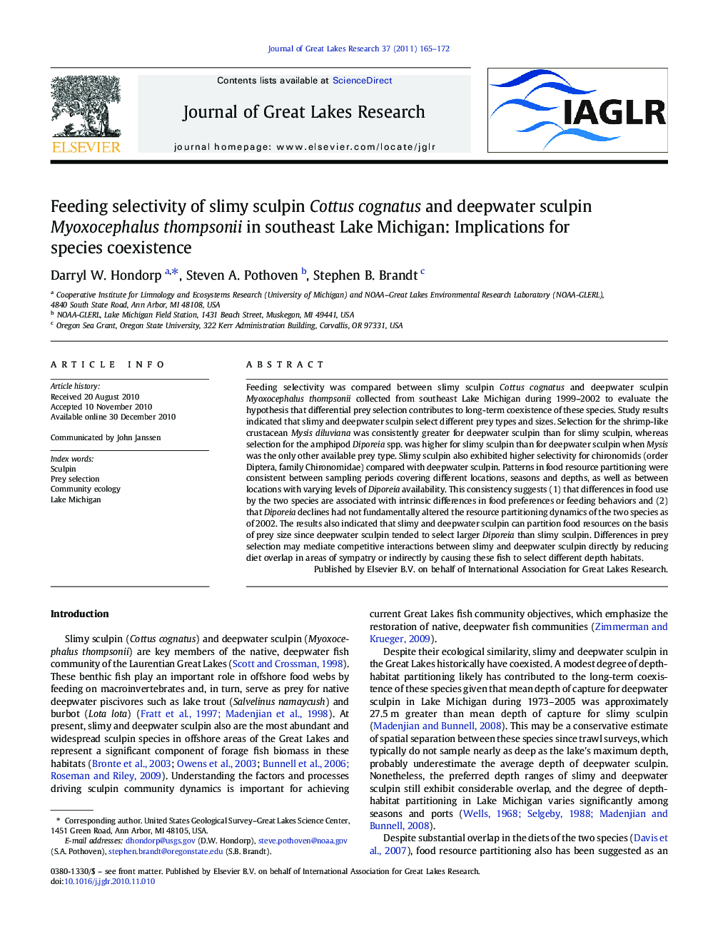 Feeding selectivity of slimy sculpin Cottus cognatus and deepwater sculpin Myoxocephalus thompsonii in southeast Lake Michigan: Implications for species coexistence