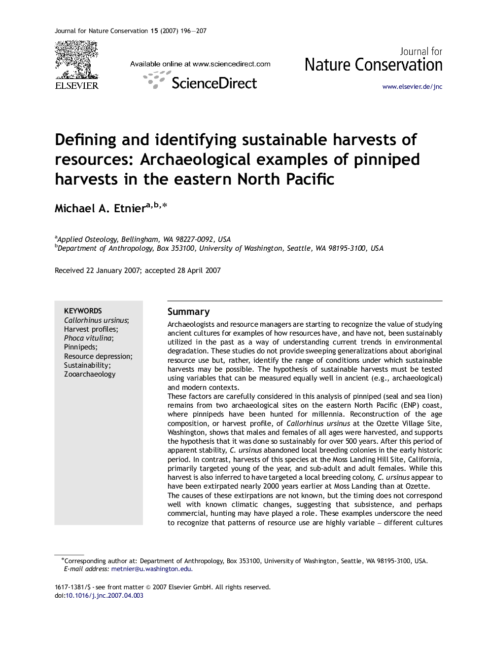 Defining and identifying sustainable harvests of resources: Archaeological examples of pinniped harvests in the eastern North Pacific