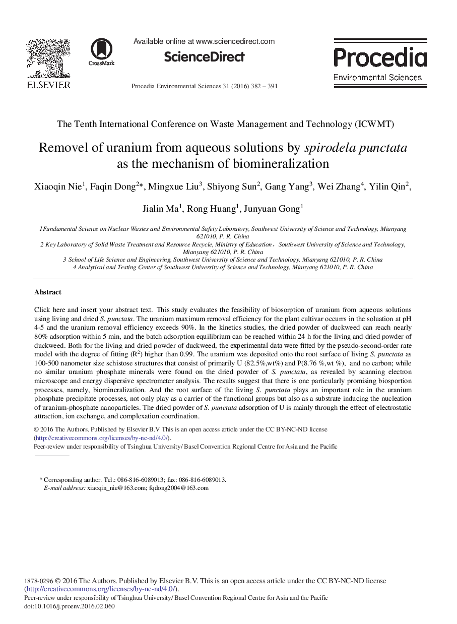 Removel of Uranium from Aqueous Solutions by Spirodela Punctata as the Mechanism of Biomineralization 