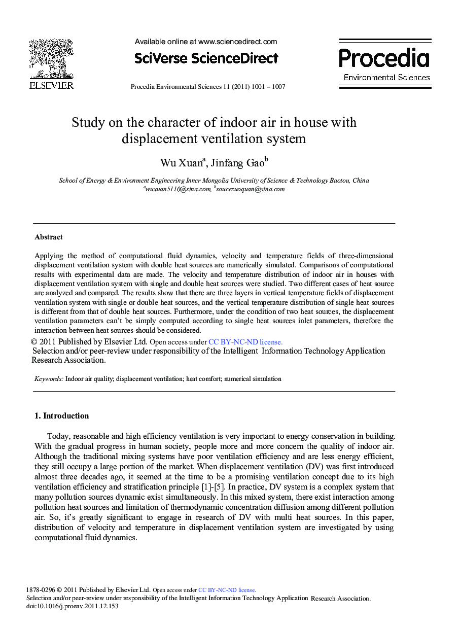 Study On The Character Of Indoor Air In House With Displacement Ventilation System