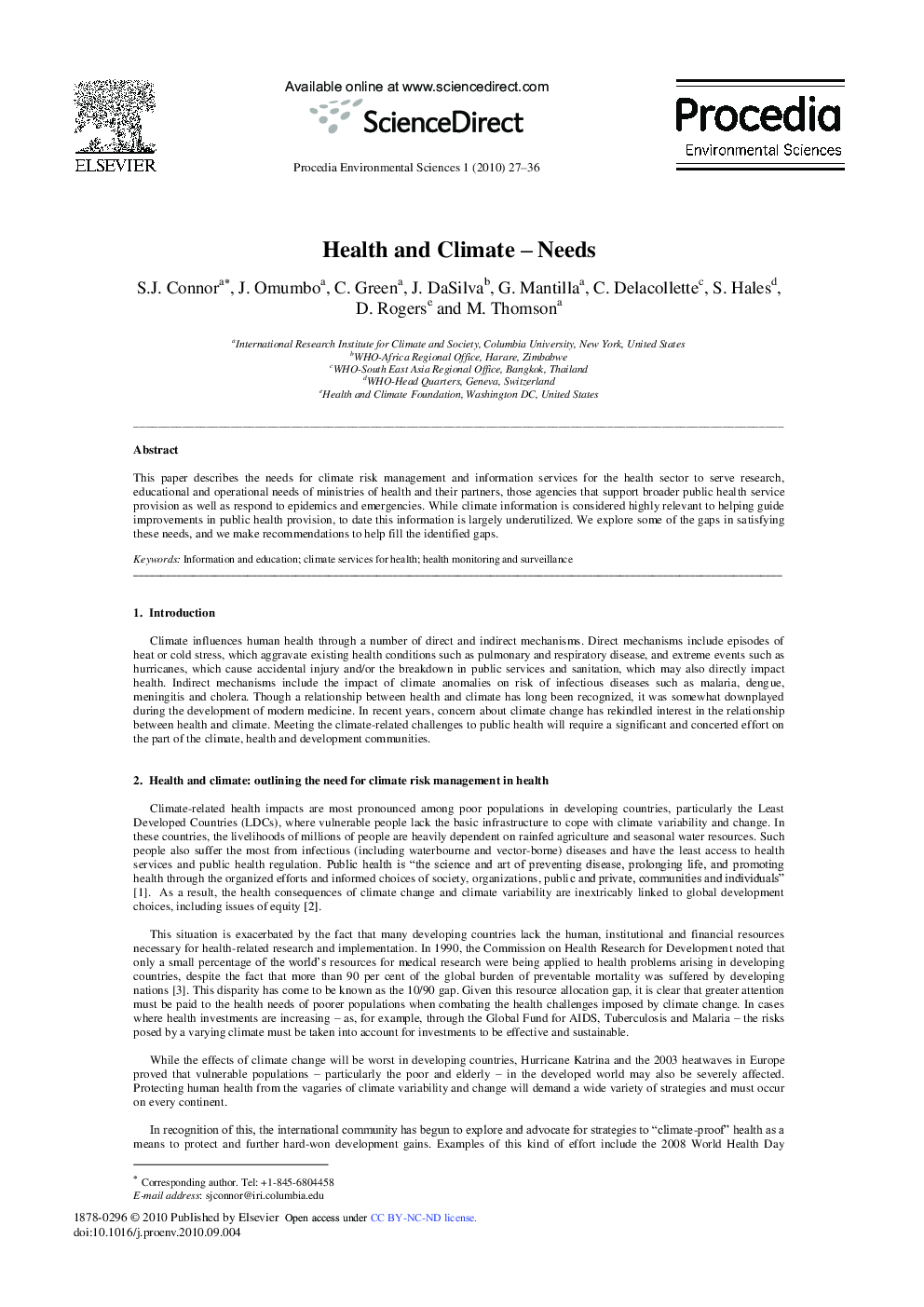 Health and Climate – Needs