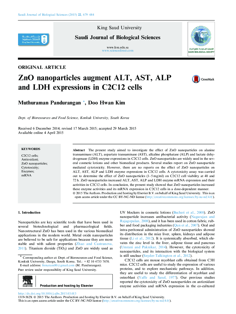 ZnO nanoparticles augment ALT, AST, ALP and LDH expressions in C2C12 cells 