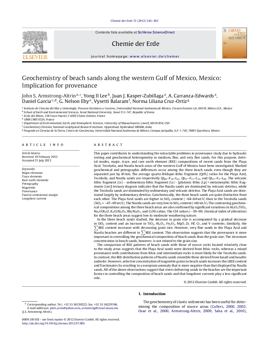 Geochemistry of beach sands along the western Gulf of Mexico, Mexico: Implication for provenance