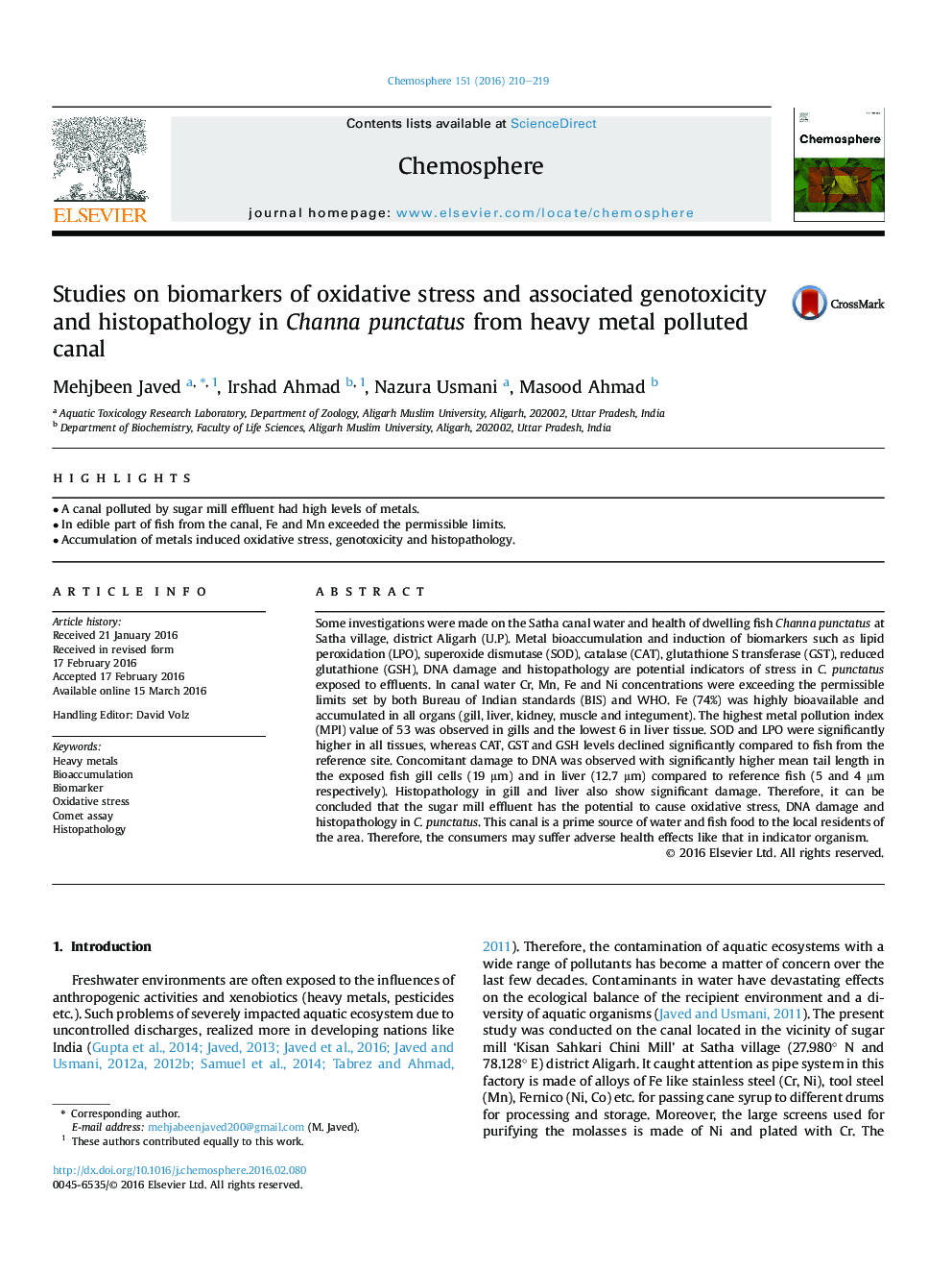 Studies on biomarkers of oxidative stress and associated genotoxicity and histopathology in Channa punctatus from heavy metal polluted canal