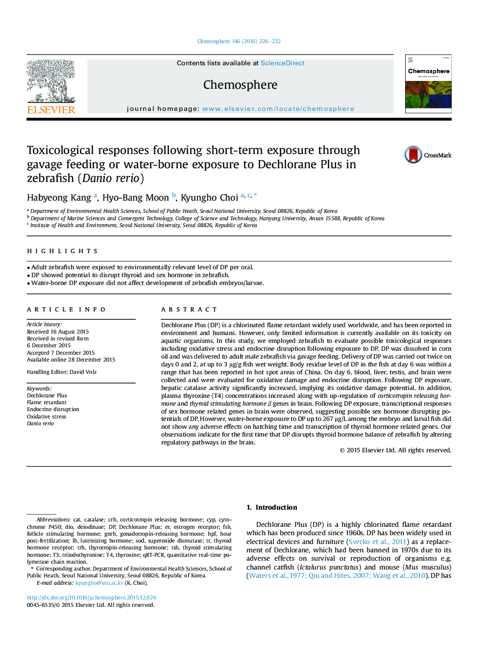 Toxicological responses following short-term exposure through gavage feeding or water-borne exposure to Dechlorane Plus in zebrafish (Danio rerio)