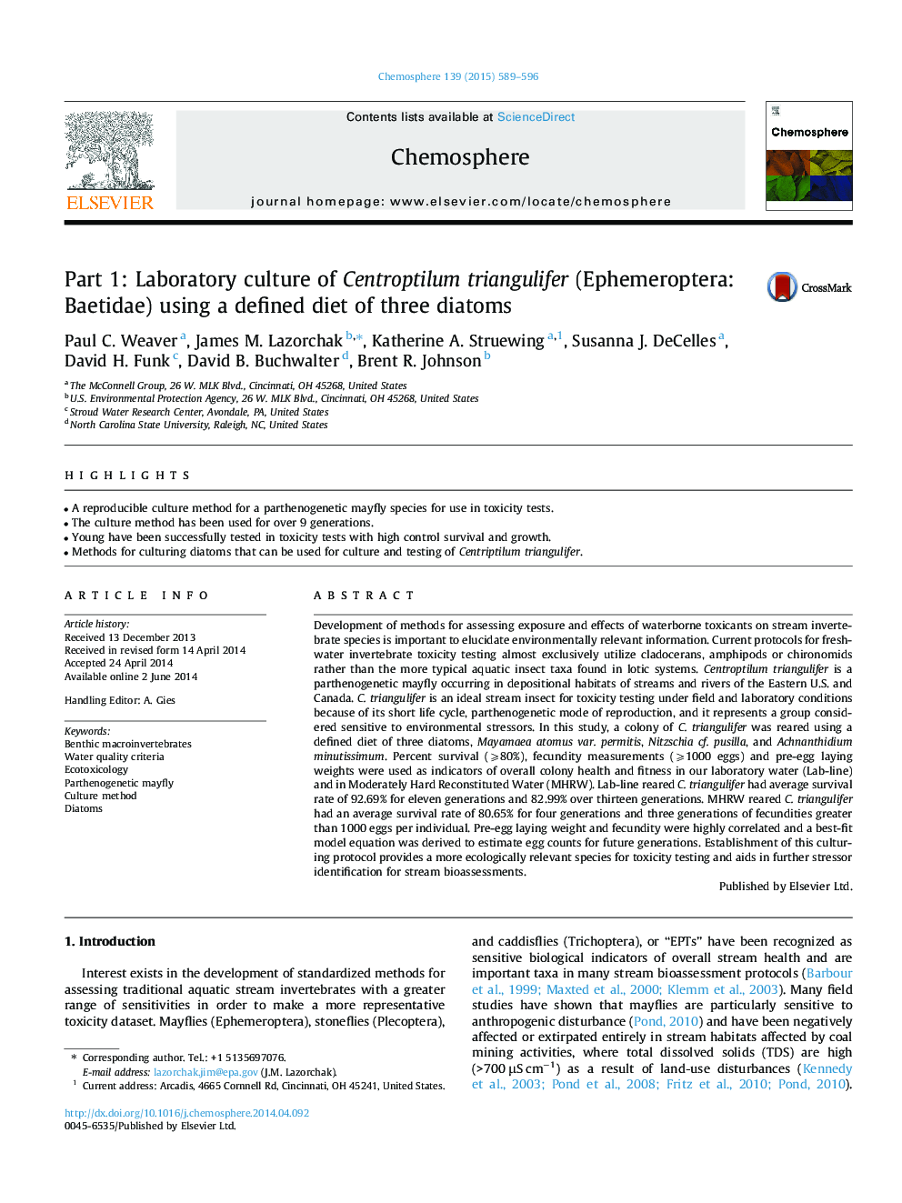 Part 1: Laboratory culture of Centroptilum triangulifer (Ephemeroptera: Baetidae) using a defined diet of three diatoms