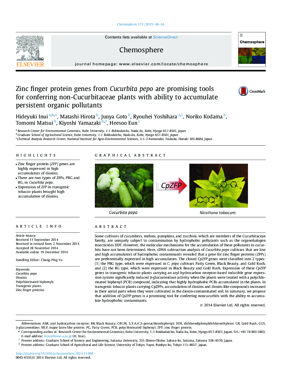 Zinc finger protein genes from Cucurbita pepo are promising tools for conferring non-Cucurbitaceae plants with ability to accumulate persistent organic pollutants