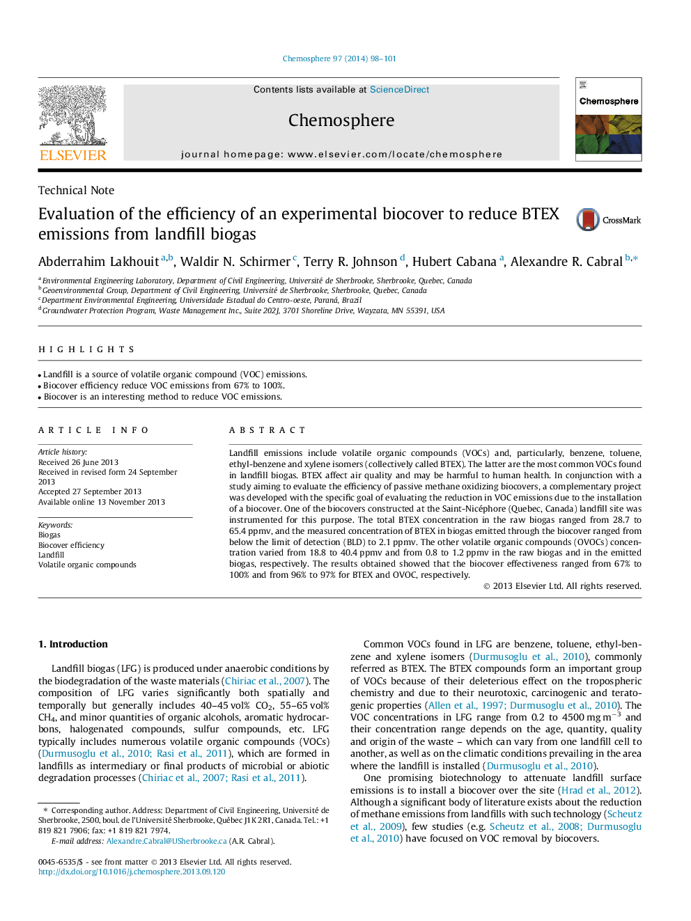 Evaluation of the efficiency of an experimental biocover to reduce BTEX emissions from landfill biogas