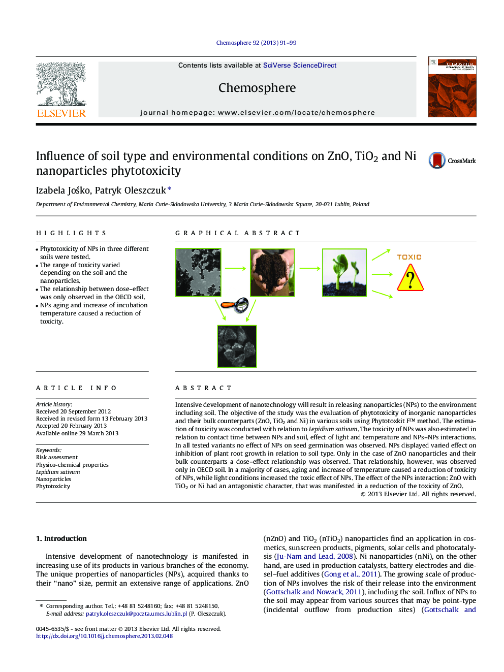 Influence of soil type and environmental conditions on ZnO, TiO2 and Ni nanoparticles phytotoxicity