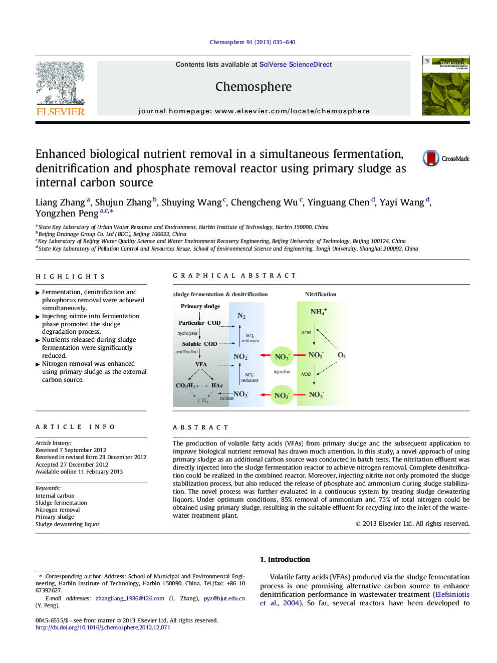 Enhanced biological nutrient removal in a simultaneous fermentation, denitrification and phosphate removal reactor using primary sludge as internal carbon source