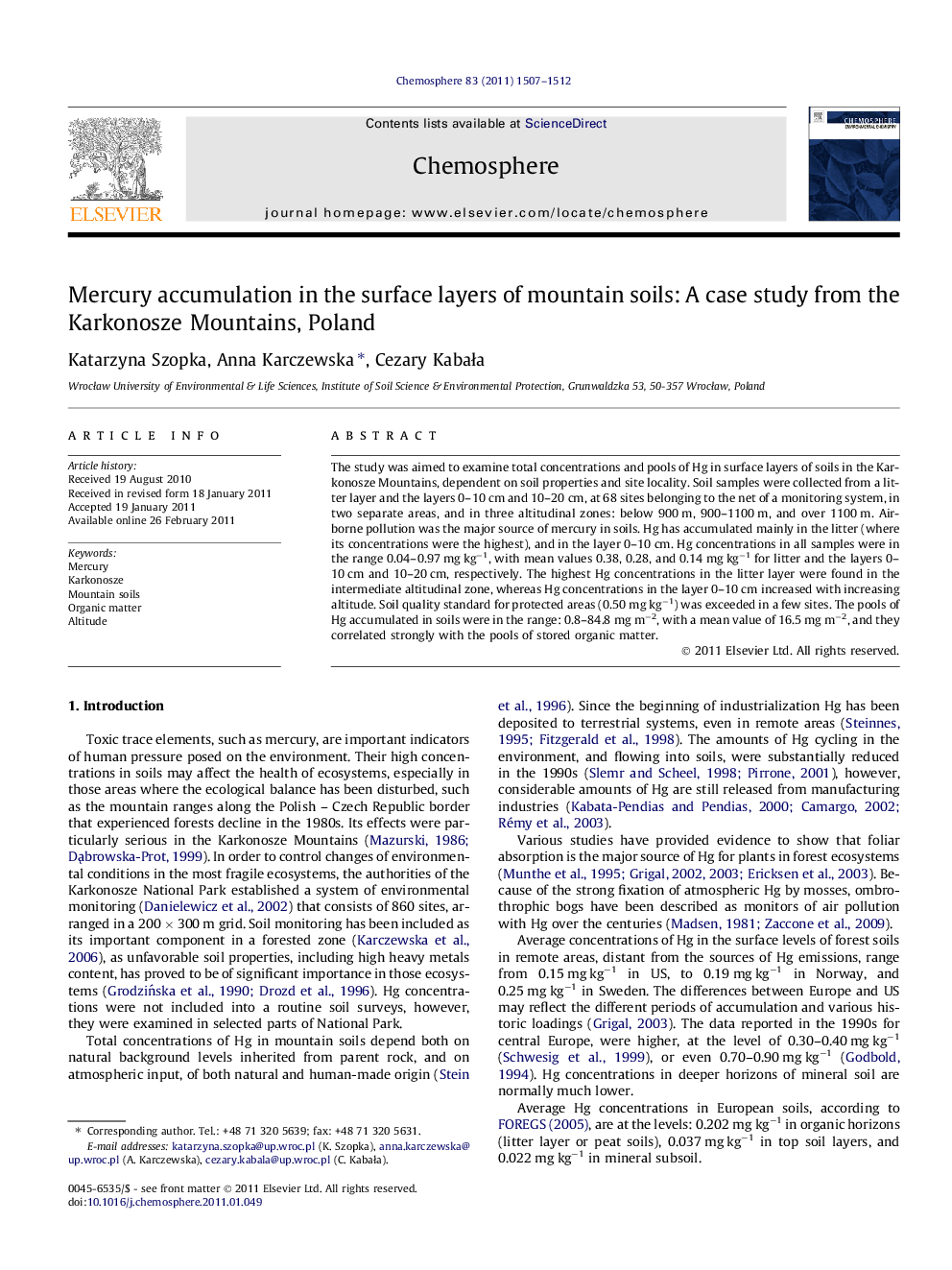 Mercury accumulation in the surface layers of mountain soils: A case study from the Karkonosze Mountains, Poland