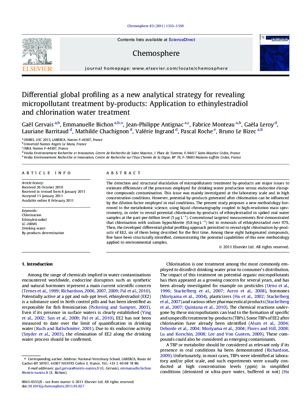 Differential global profiling as a new analytical strategy for revealing micropollutant treatment by-products: Application to ethinylestradiol and chlorination water treatment