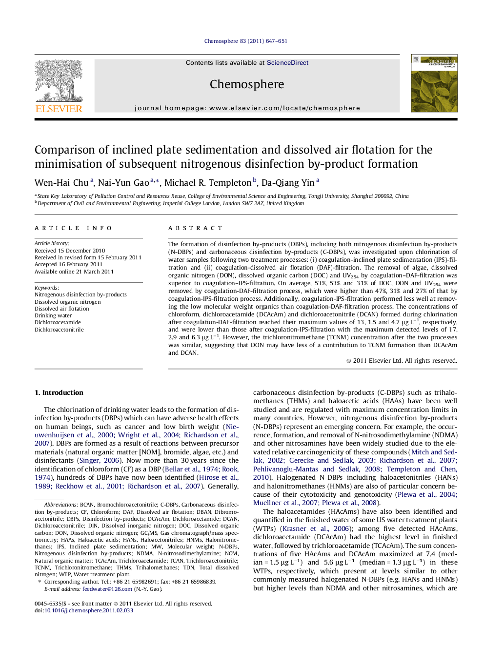 Comparison of inclined plate sedimentation and dissolved air flotation for the minimisation of subsequent nitrogenous disinfection by-product formation