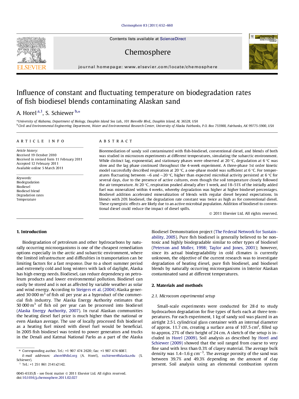 Influence of constant and fluctuating temperature on biodegradation rates of fish biodiesel blends contaminating Alaskan sand