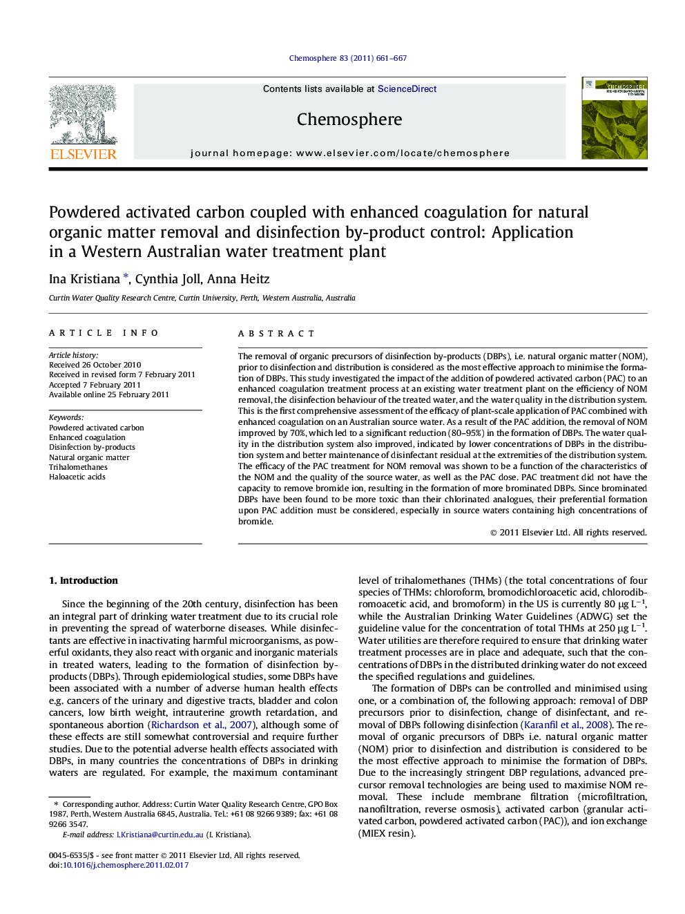 Powdered activated carbon coupled with enhanced coagulation for natural organic matter removal and disinfection by-product control: Application in a Western Australian water treatment plant
