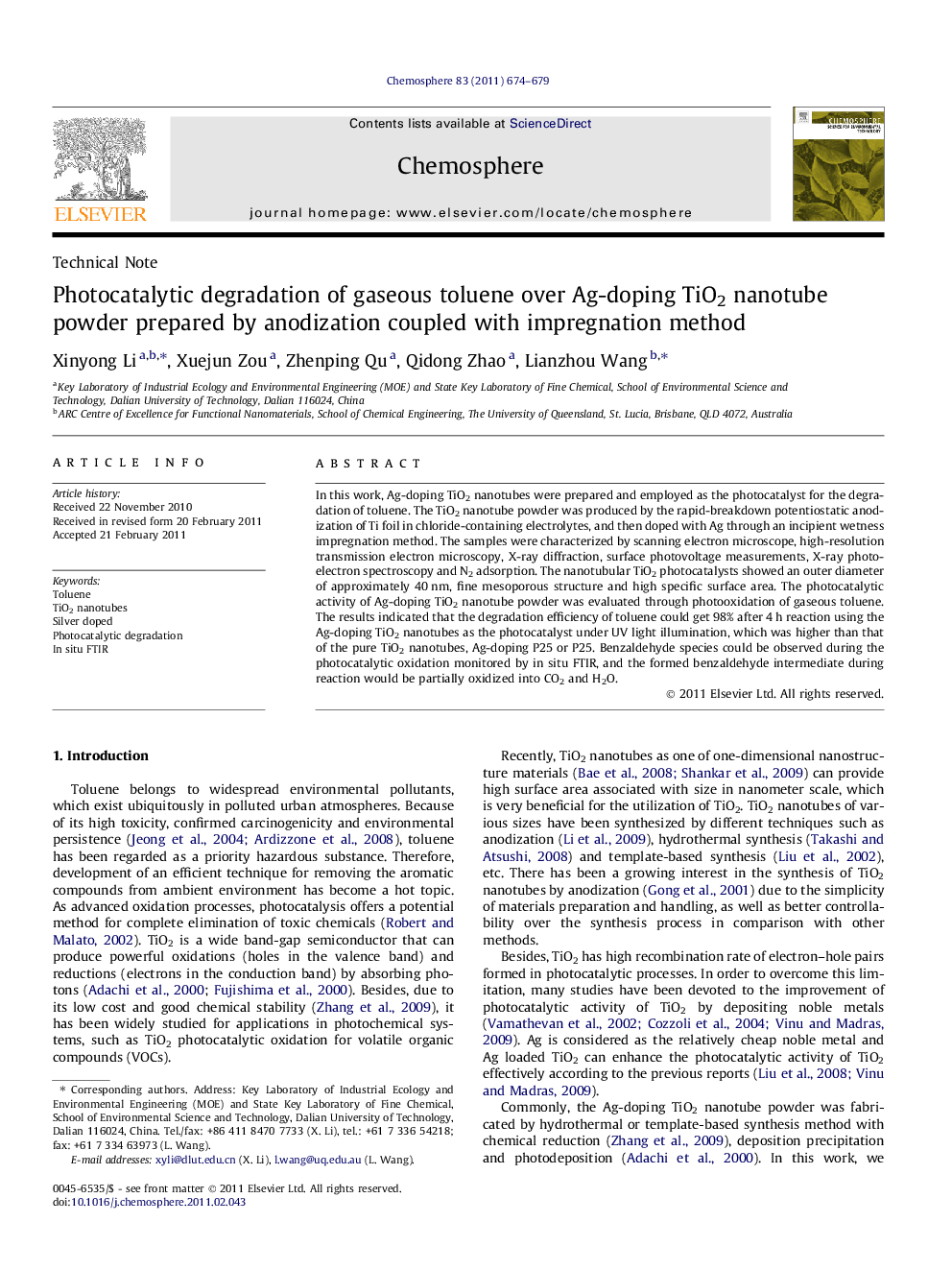 Photocatalytic degradation of gaseous toluene over Ag-doping TiO2 nanotube powder prepared by anodization coupled with impregnation method