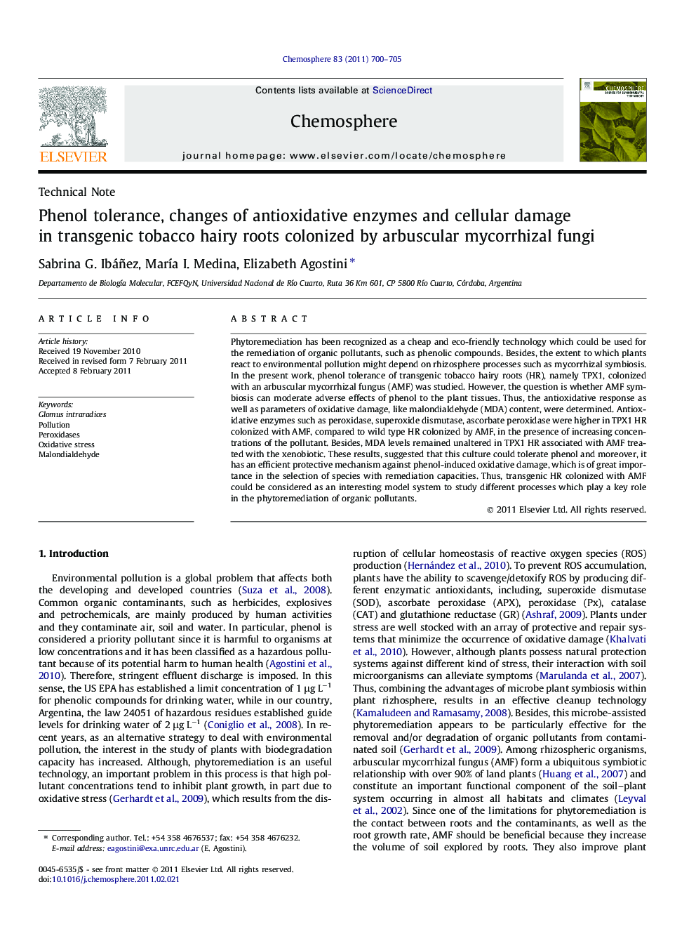 Phenol tolerance, changes of antioxidative enzymes and cellular damage in transgenic tobacco hairy roots colonized by arbuscular mycorrhizal fungi