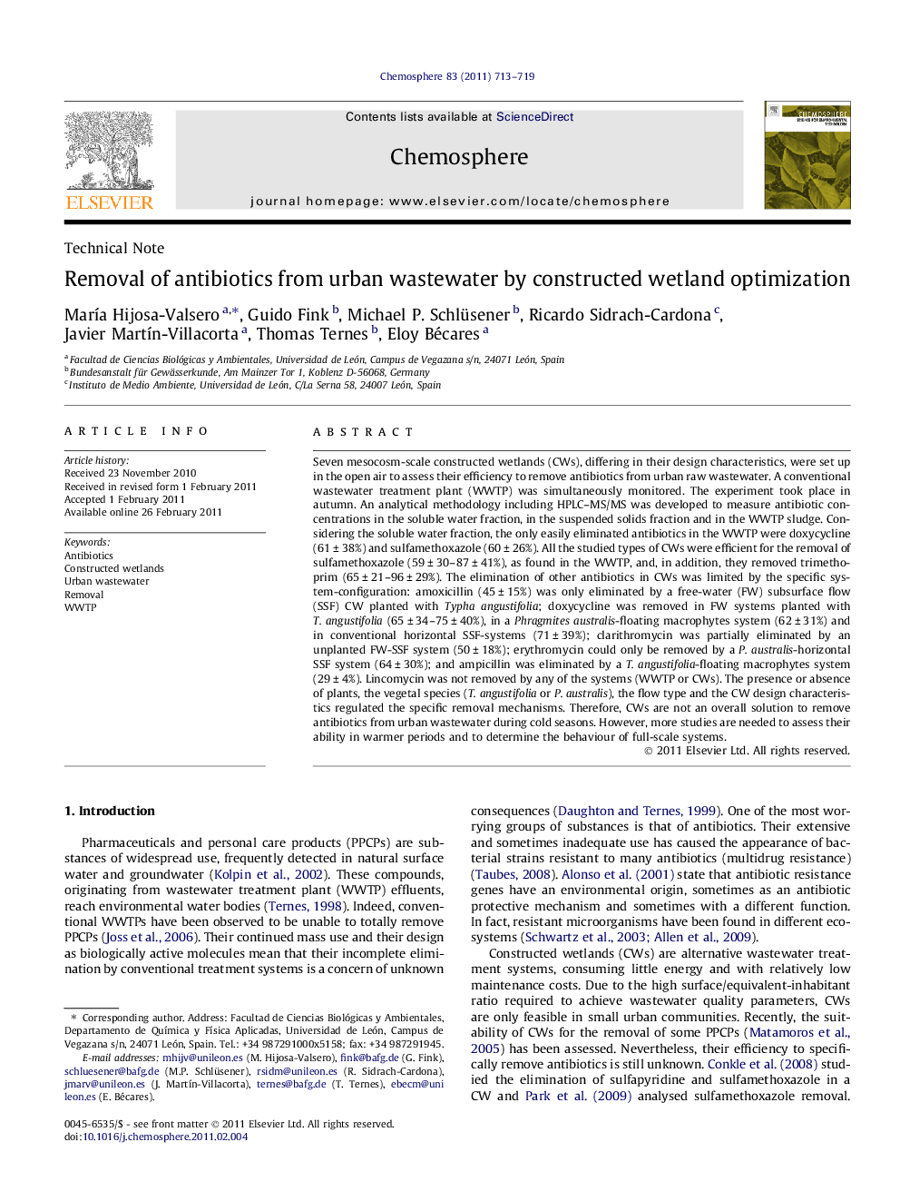 Removal of antibiotics from urban wastewater by constructed wetland optimization