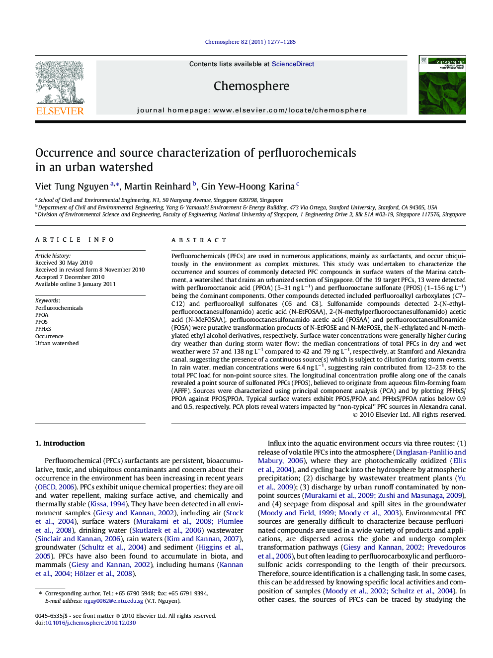 Occurrence and source characterization of perfluorochemicals in an urban watershed