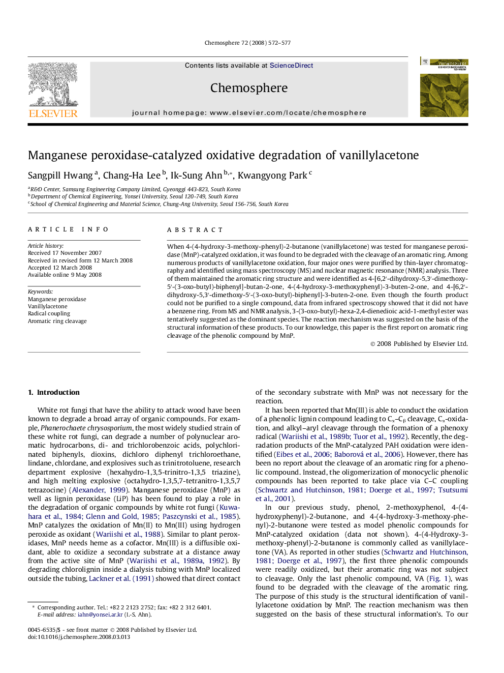 Manganese peroxidase-catalyzed oxidative degradation of vanillylacetone