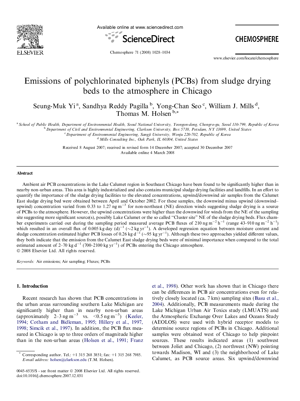 Emissions of polychlorinated biphenyls (PCBs) from sludge drying beds to the atmosphere in Chicago