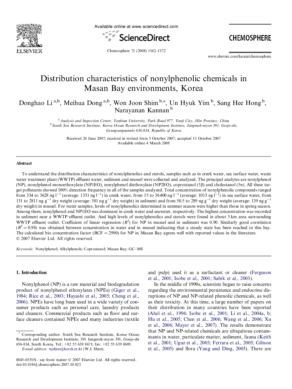 Distribution characteristics of nonylphenolic chemicals in Masan Bay environments, Korea