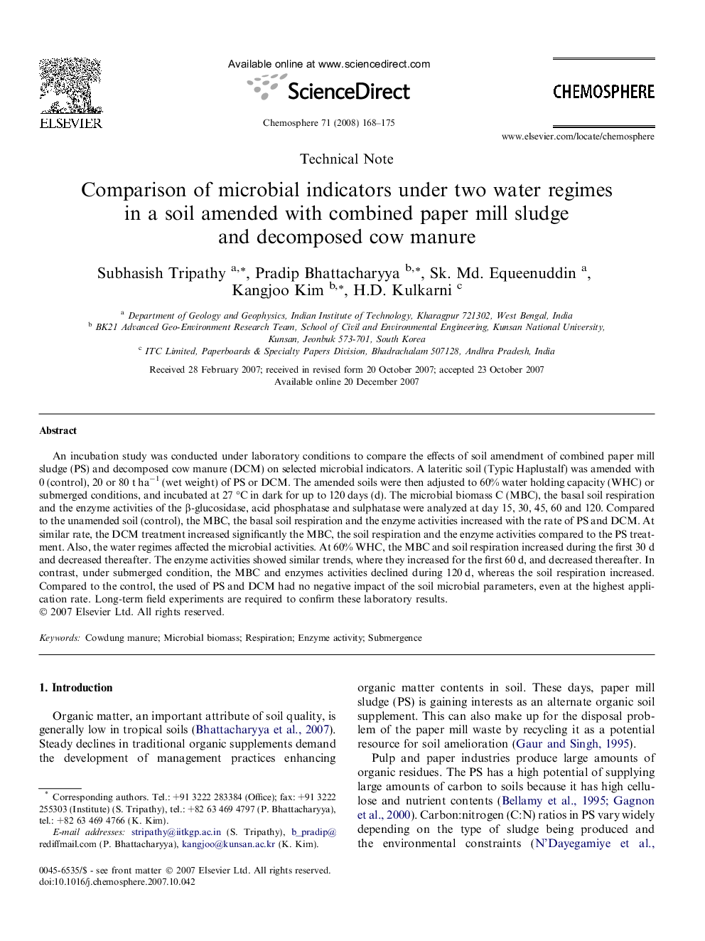 Comparison of microbial indicators under two water regimes in a soil amended with combined paper mill sludge and decomposed cow manure