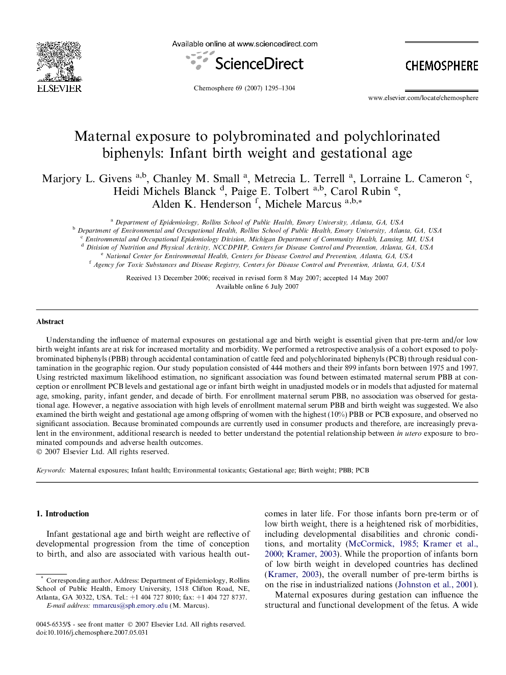 Maternal exposure to polybrominated and polychlorinated biphenyls: Infant birth weight and gestational age