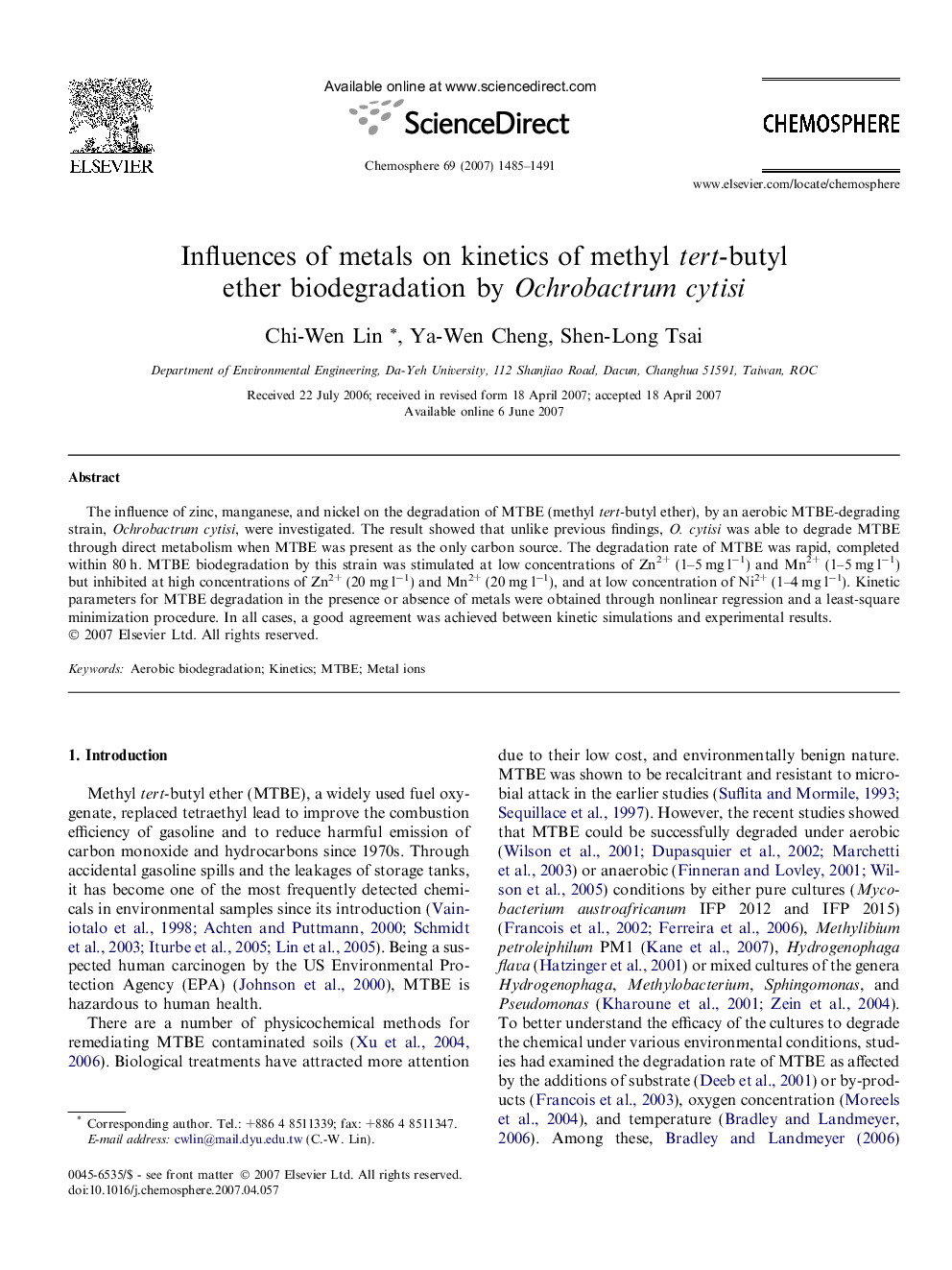 Influences of metals on kinetics of methyl tert-butyl ether biodegradation by Ochrobactrum cytisi