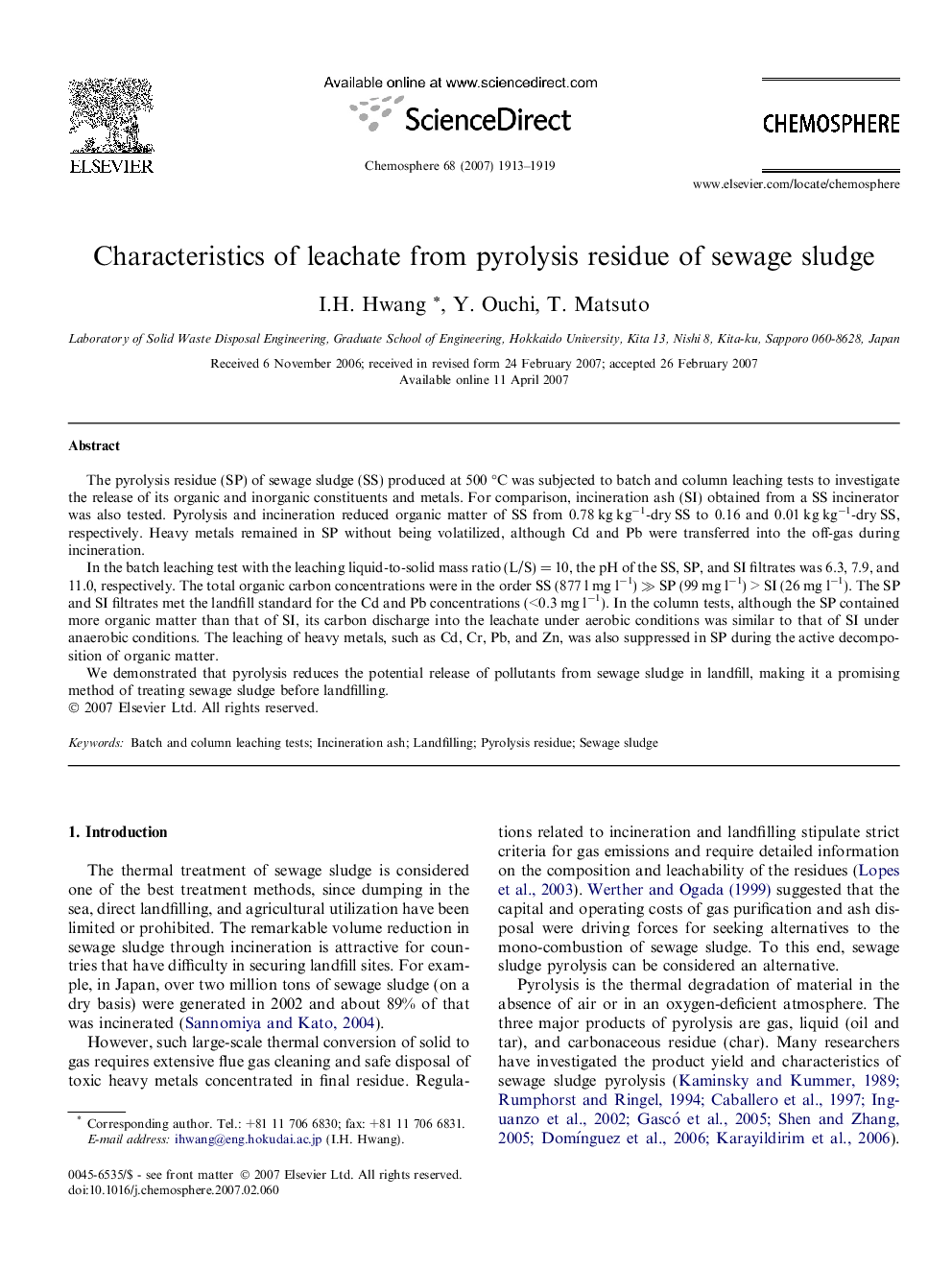 Characteristics of leachate from pyrolysis residue of sewage sludge